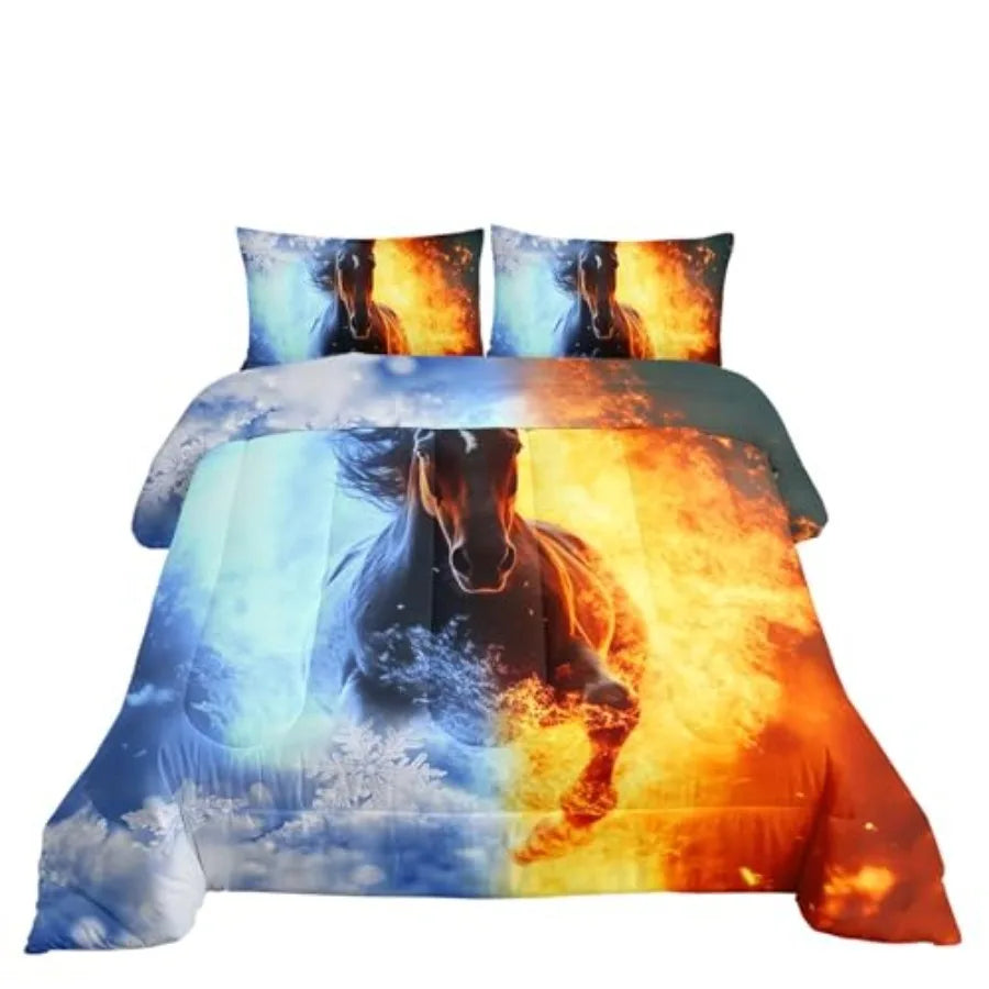 3D Comforter Set Fire Ice Printed Bedding Set with 1 Comforter and 2 Pillowcases for Boys and Girls Bedroom All Season Twin