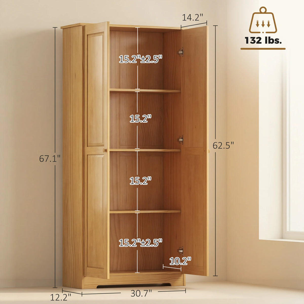HOMCOM 67" Pinewood Kitchen Pantry Storage Cabinet, Freestanding Cabinets with Adjustable Shelves, Solid Wood Food Pantry with Soft-Close Doors for Living Room Dining Room, Brown