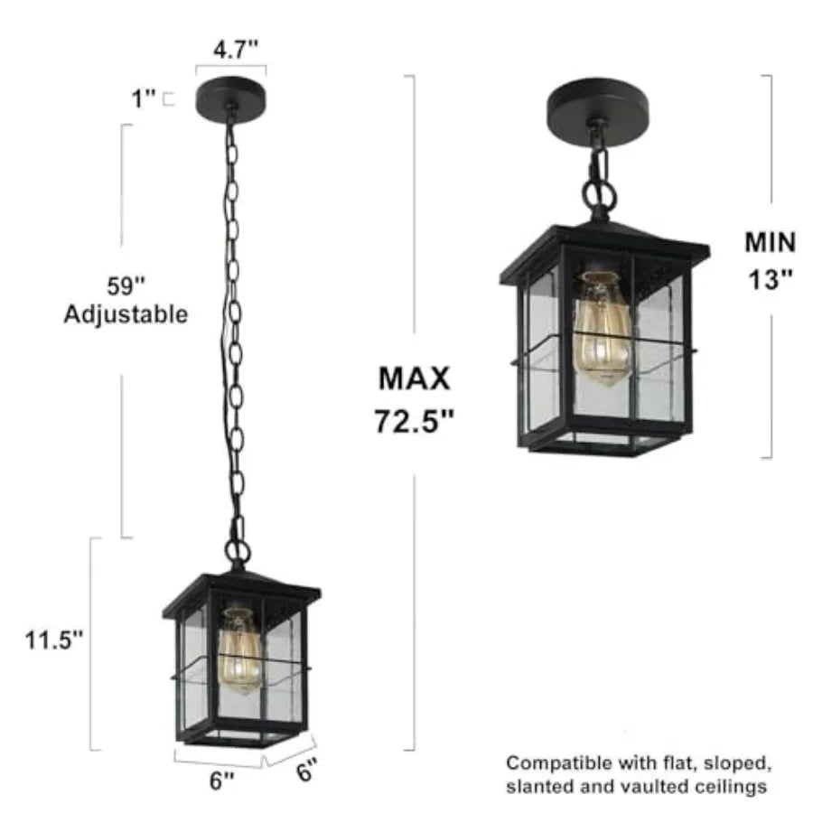 Outdoor Pendant Light Fixture Farmhouse Exterior Hanging Lights with Adjustable Chain Black Ceiling Outdoor Light with Seeded G