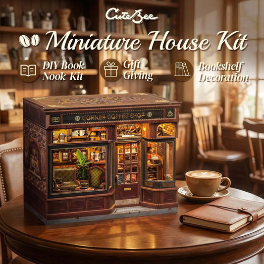 Original CUTEBEE 22cm Book Nook Kit DIY Miniature House Coffee Shop Dollhouse Book Nook Kit 3D Wooden Puzzles for Adults Corner Coffee Shop Booknook Tiny House Bookshelf Decor 3D Wooden Puzzle for Adults DIY Hbby Craft Gift b