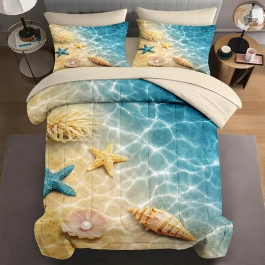 7 Pcs Size Comforter Set with 2 Pillowcases and 2 Shams Mid Century Bedding for Adults Sun Leaf Bed in a Bag with Flat Fitted S