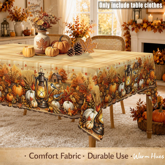 1pc, Vintage Fall Harvest Tablecloth, Pumpkin Maple Leaf Lantern Pinecone Bird Print, Buffalo Plaid, Thanksgiving Autumn Farmhouse Kitchen Dining Decor, Rustic Holiday Home Decor, Indoor Outdoor Family Dinner Party, Great Gif