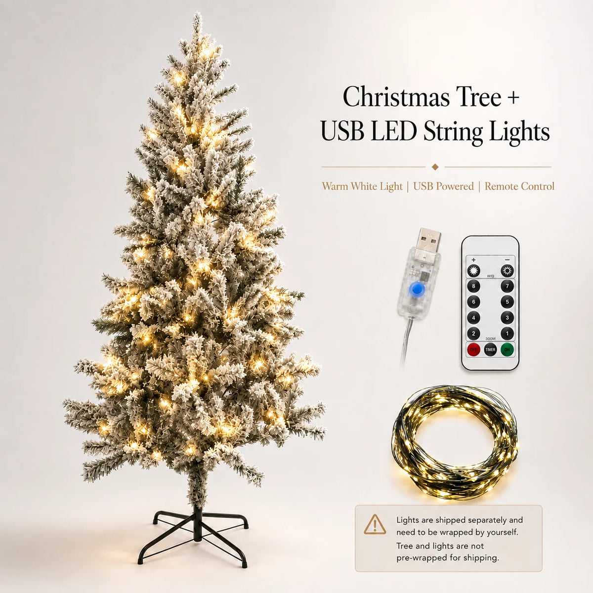 Snow Flocked Artificial Christmas Tree Slim PVC Xmas Tree 4-8FT Tree Only or USB LED String Lights with Remote Holiday Decor
