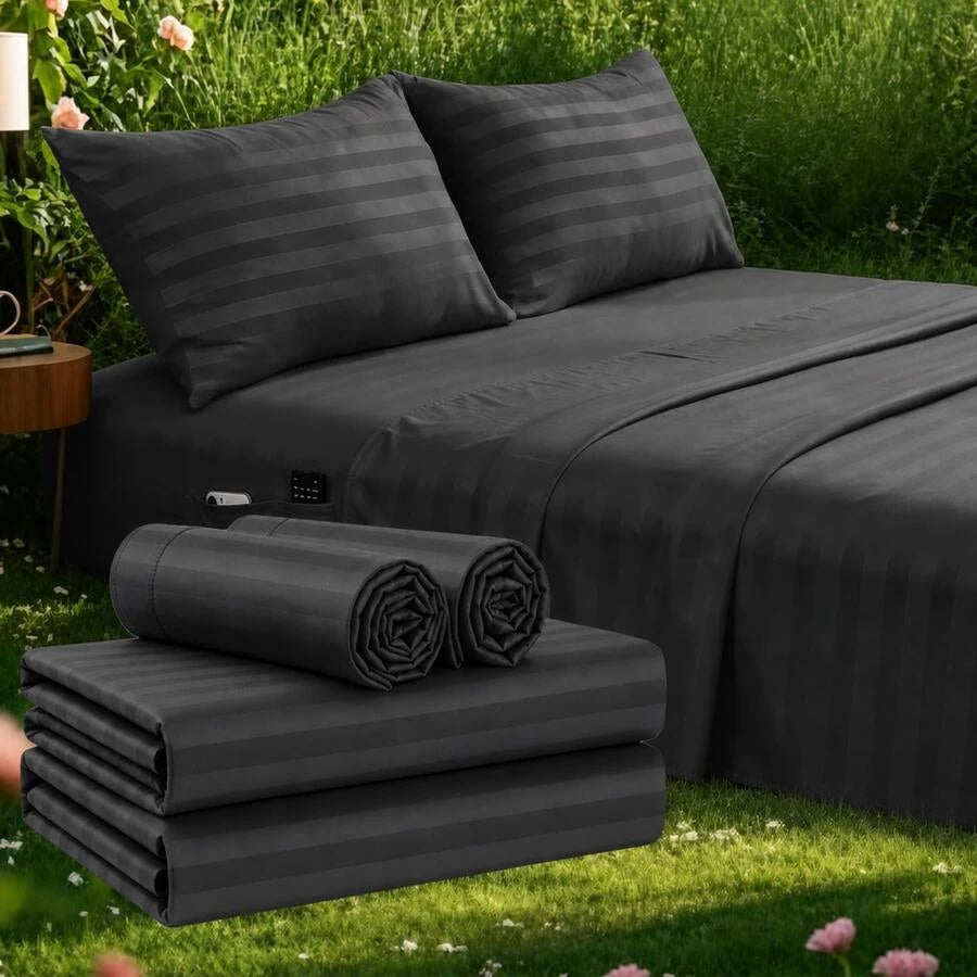 Striped Cooling Sheets Set King Size - Fitted Flat Sheet & Pillowcase Sets 4 Piece - Super Soft Stripe Bed Sheet, Easy Care, Deep Pocket /sf260521111363488956160