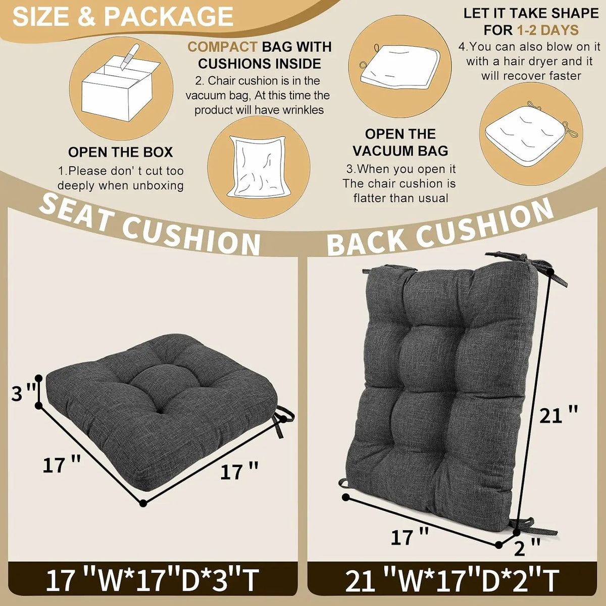 Chair Cushion Set for Rocking Chair, Back Pillow & Seat Cushion with Ties, Original Woven Fabric Non-Slip Chair Pads （Dark Gray）