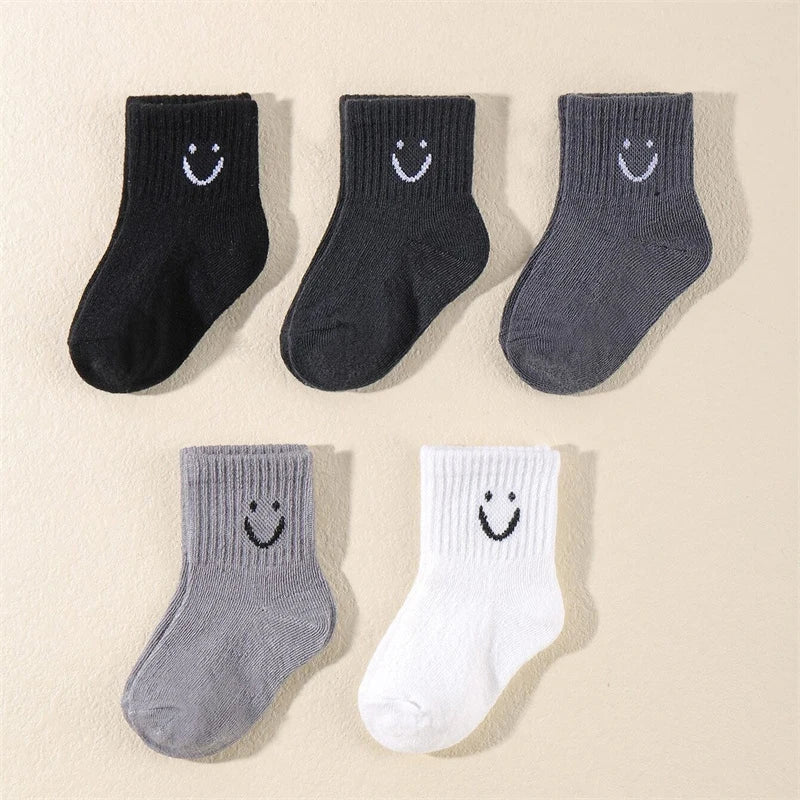 10 Pairs of Cute Solid-Color Smiling Face Pattern Children's Mid-Calf Socks, Suitable for Boys and Girls Socks