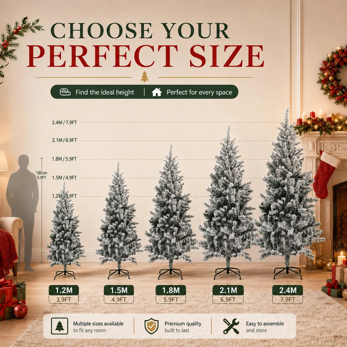 Snow Flocked Artificial Christmas Tree Slim PVC Xmas Tree 4-8FT Tree Only or USB LED String Lights with Remote Holiday Decor