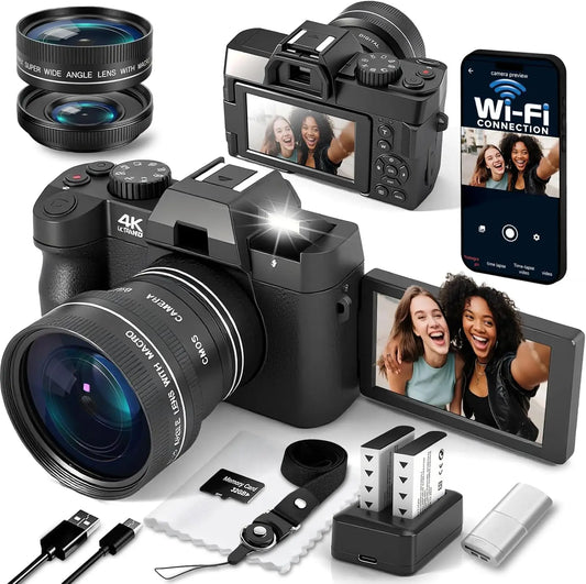 4K Vlogging Camera for YouTube with Flip Screen, WiFi, and Auto-Focus - Photography Digital Camera Includes 2 Batteries, Wide & Macro Lens, MicroSD Card, Card Reader