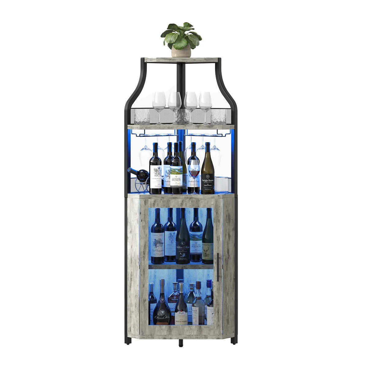 Corner Bar Wine Cabinet With LED Lights, 5-Tier Liquor Storage Cabinet With Glass Holder, Mesh Door & Adjustable Shelf For Home