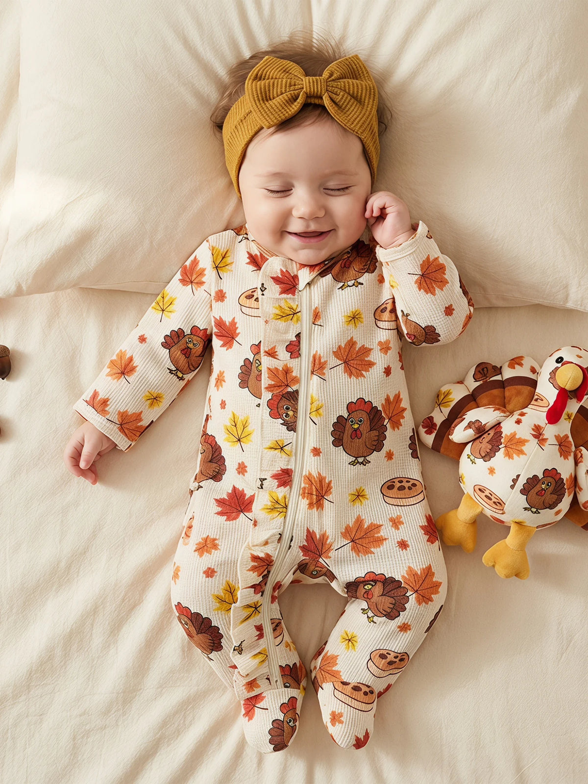 Jumpsuit With Sleeve Turkey Print Baby Girl Fall With Headband Long Sleeve Sleeve Baby Girl Girl Baby Girl Fall