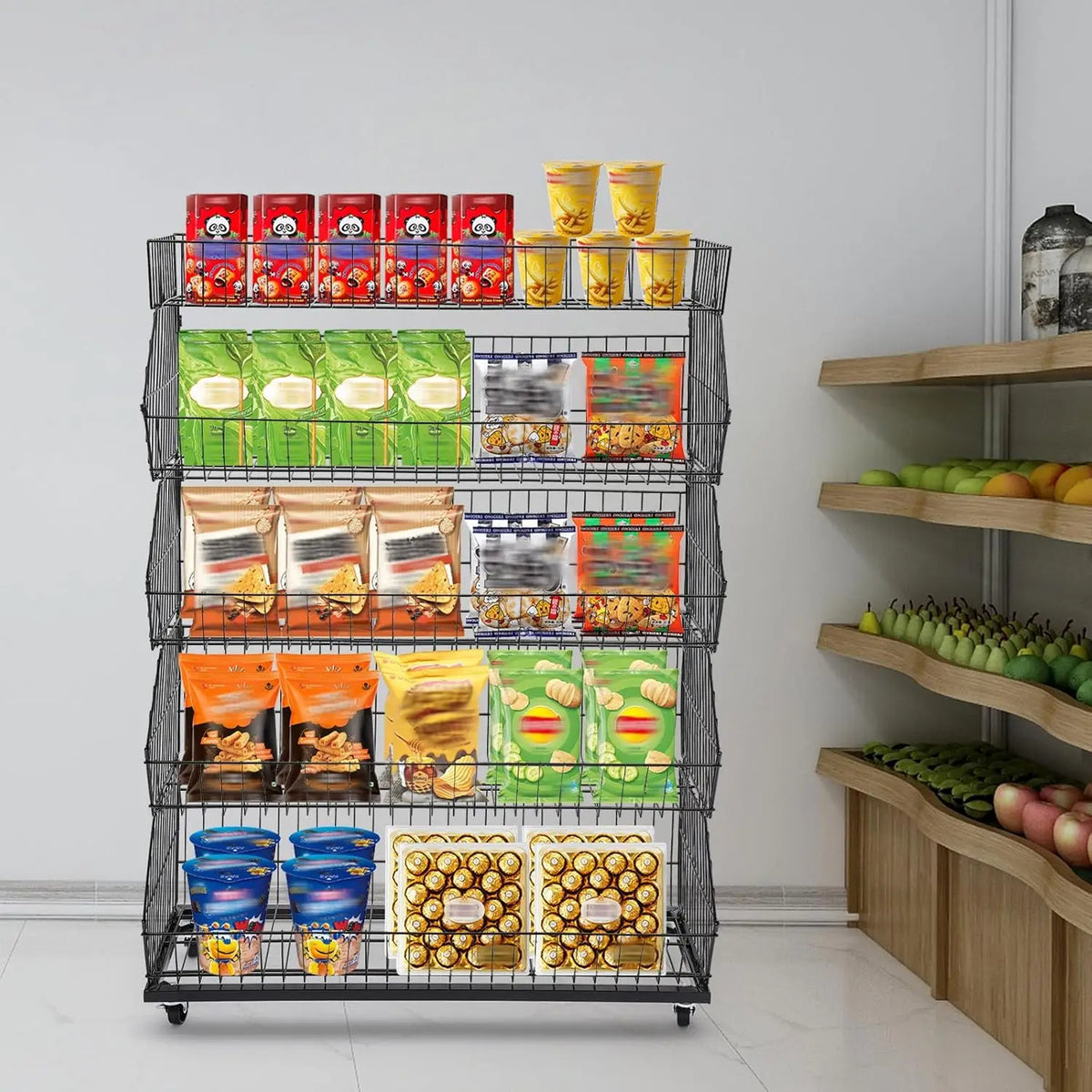 5 Tier Large Wire Metal Mobile Supermarket Storage Shelf,Fruit Vegetable Snack Supply Basket for Home Store Market