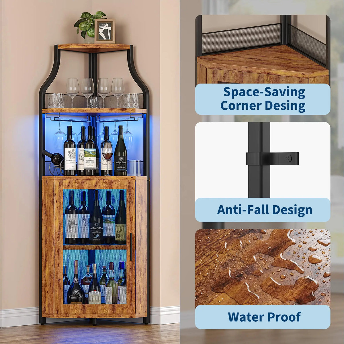 Corner Bar Wine Cabinet With LED Lights, 5-Tier Liquor Storage Cabinet With Glass Holder, Mesh Door & Adjustable Shelf For Home