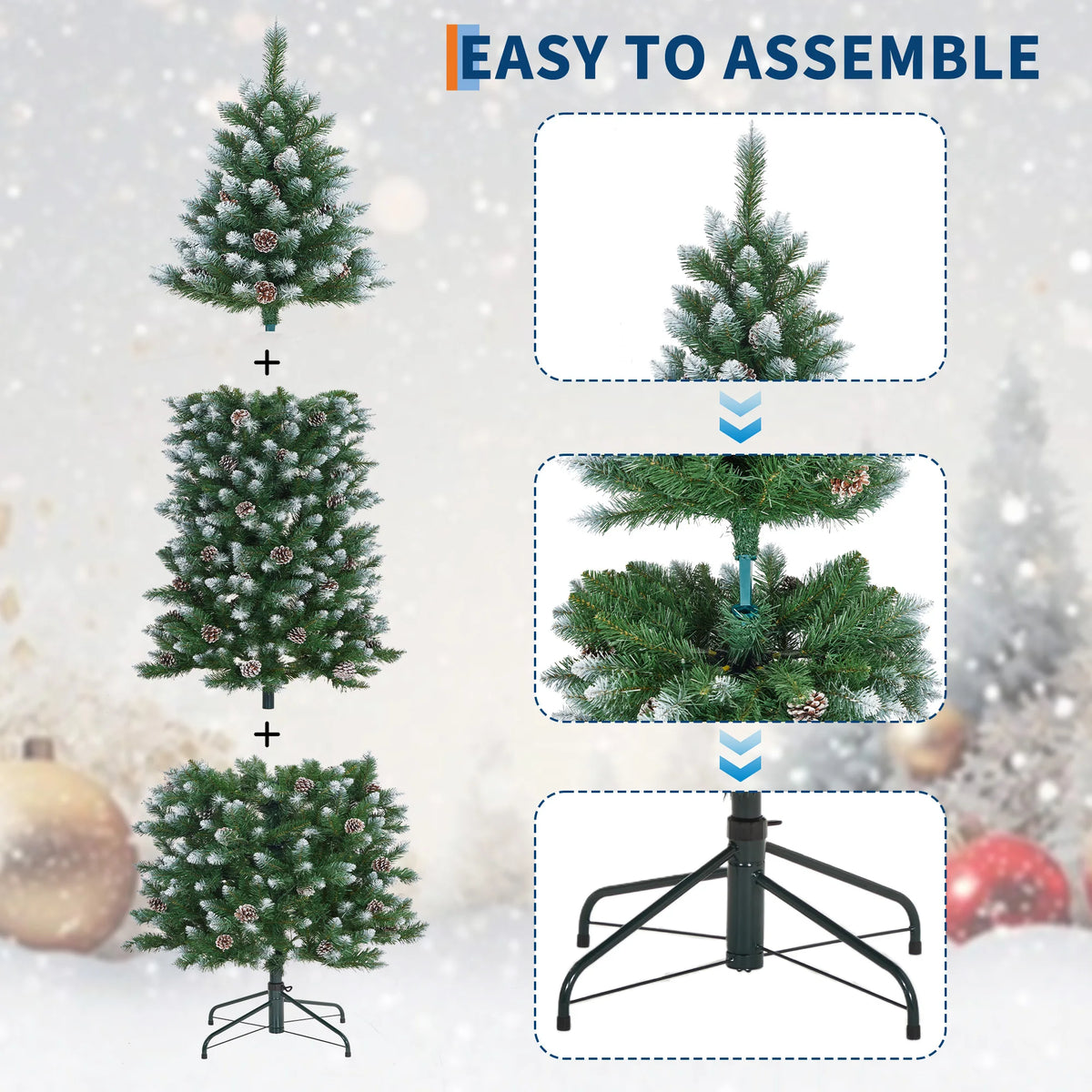 12ft Pre-Lit Flocked Slim Pencil Christmas Tree with 700 Warm White LEDs, 60 Pine Cones & Collapsible Metal Stand – Artificial Xmas Tree for Indoor Outdoor Holiday Decor