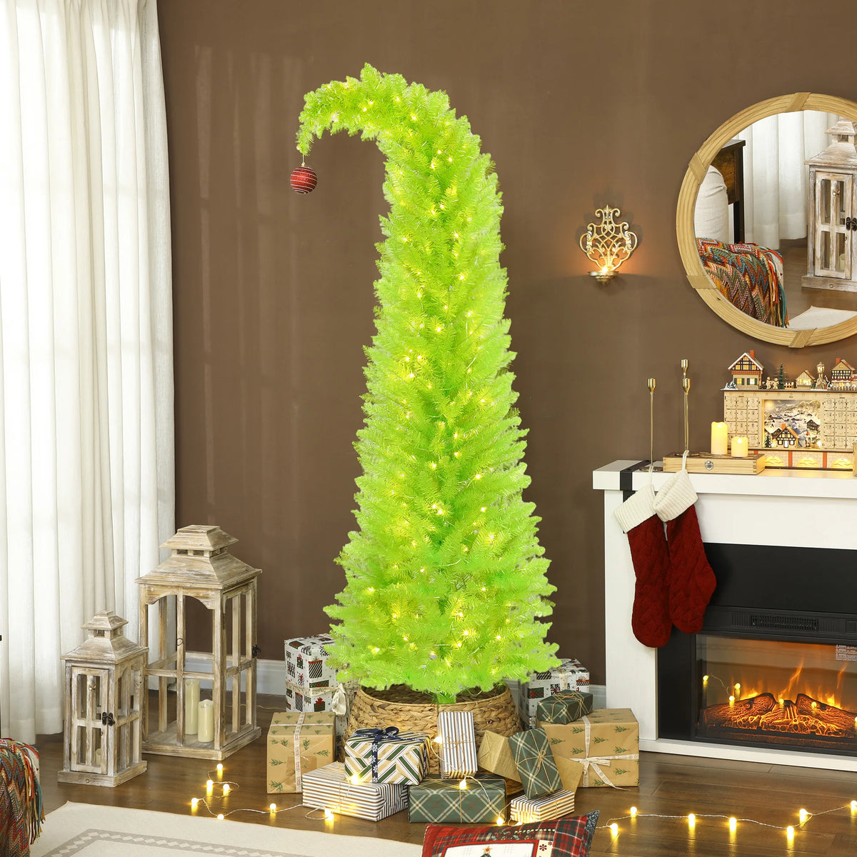 7FT Bright Green Whimsical Curved Artificial Christmas Tree Pre-lit with LED Lights, Bendable Xmas Tree for Indoor Holiday Home Party Decor