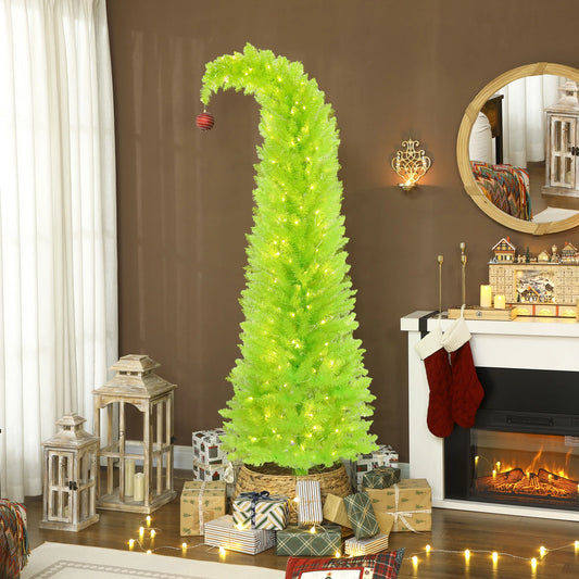 7FT Bright Green Whimsical Curved Artificial Christmas Tree Pre-lit with LED Lights, Bendable Xmas Tree for Indoor Holiday Home Party Decor