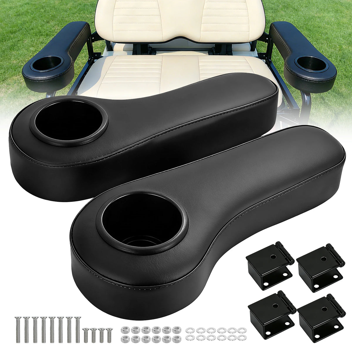 Nilight Golf Cart Armrest Black 2PCS Flip Stand Fits 1 inch Square No Drilling with Detachable Cup Holder Iron Bracket PU Leather Wooden Baseboard for EZGO Club Car Yamaha Rear Seat