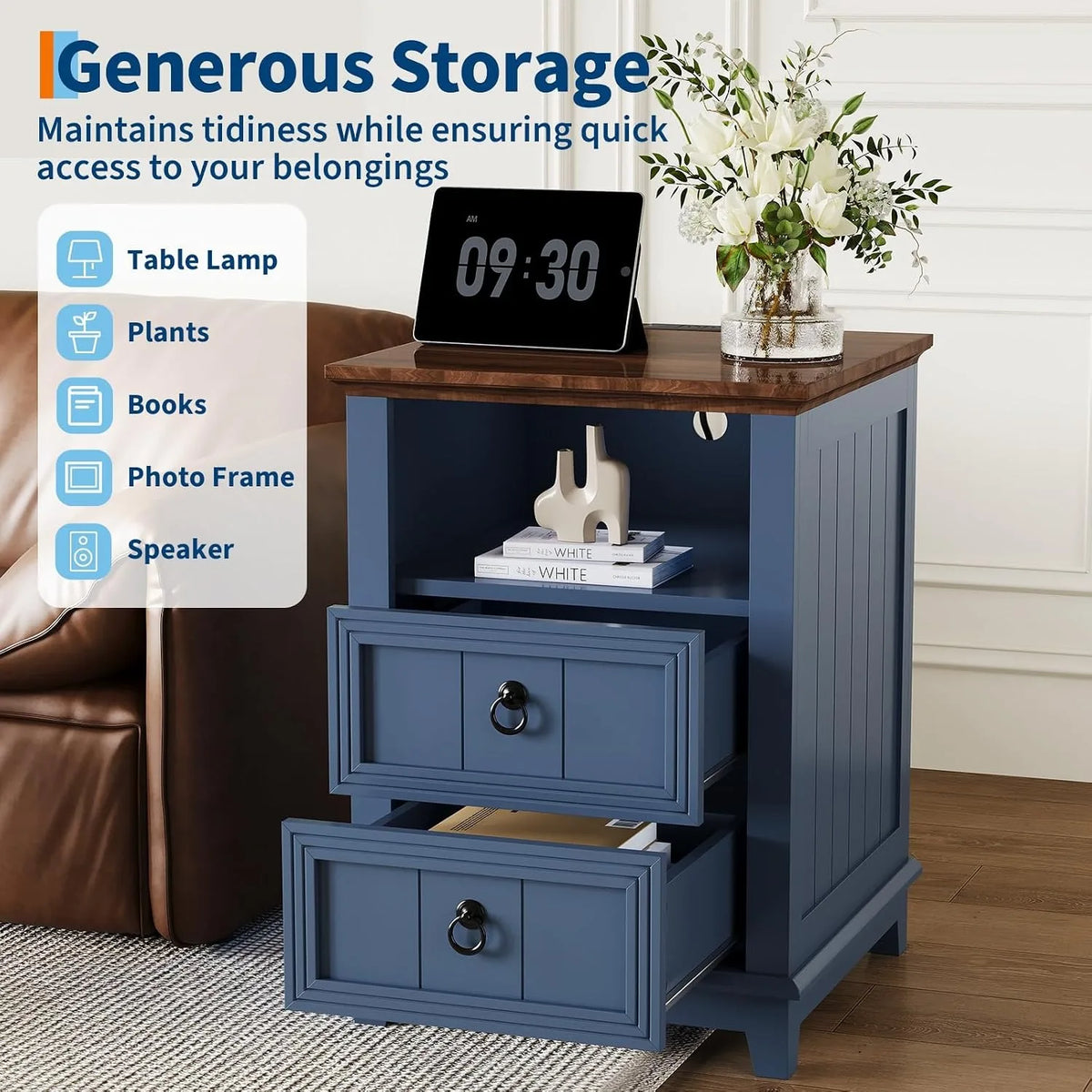 18 Inch Wood Nightstand with USB Charging Station Modern Fluted Bedside Table 2 Drawer End Table with Storage Shelf for Bedroom Living Room Home Office Apartment Dorm Blue