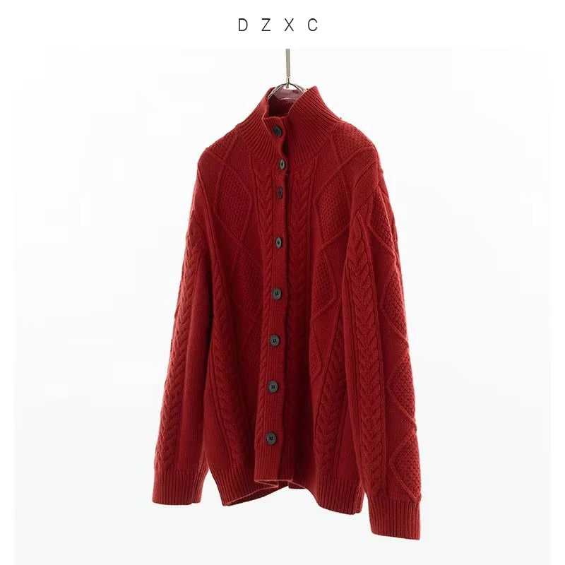 Christmas Red~Sweater Cardigan Thick Knitted Sweater with Vintage Cable Pattern Women's Sweater Winter