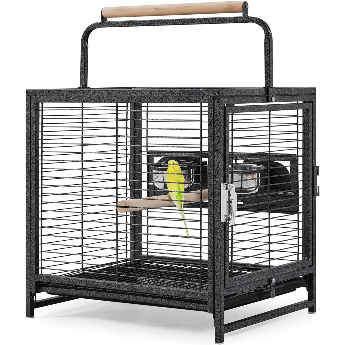 Portable Bird Cage, 19x15x25.5in, Wrought Iron, 2-in-1 Wooden Perch Handle, Removable Deep Tray, For Parakeets, Cockatiels, Budgies & Canaries,Outdoor Activity