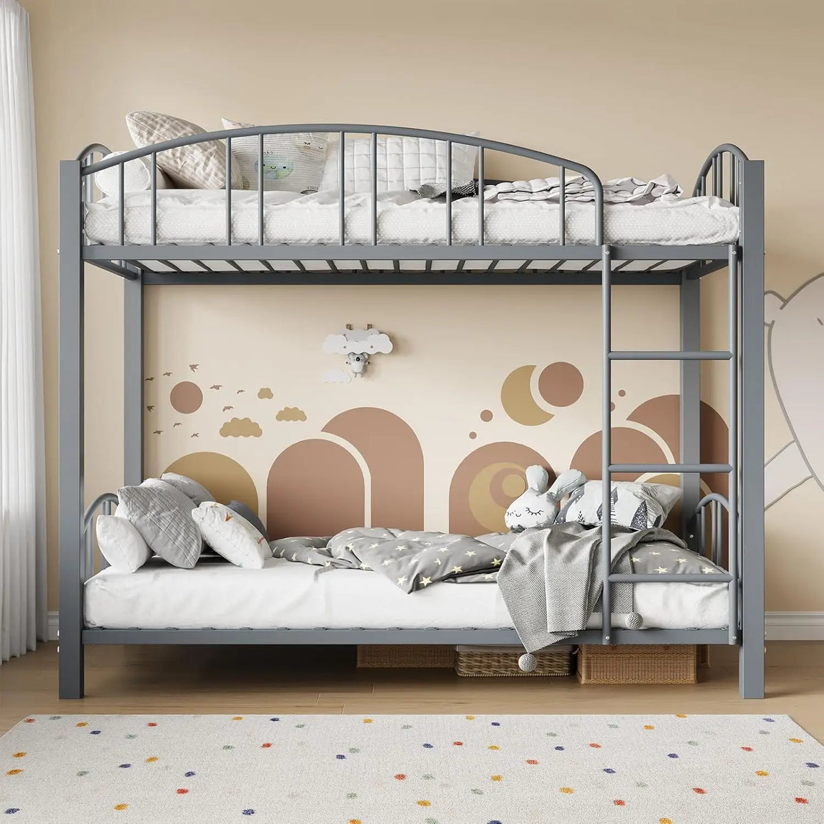 Metal Loft Bed Bunk Beds Twin Over Full Size with Heightened Safety Guardrail & Ladder, for School, Bedroom, Twin Size Grey
