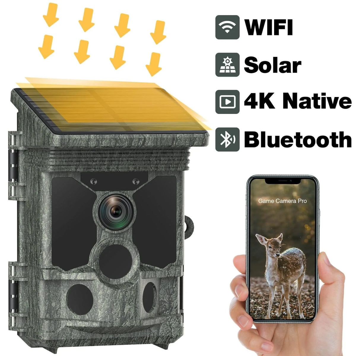 RD7010WF 4K 112MP WIFI Night Vision Wild Game Trail Camera, Solar Powered Camera Traps for Hunting and Home Garden Security