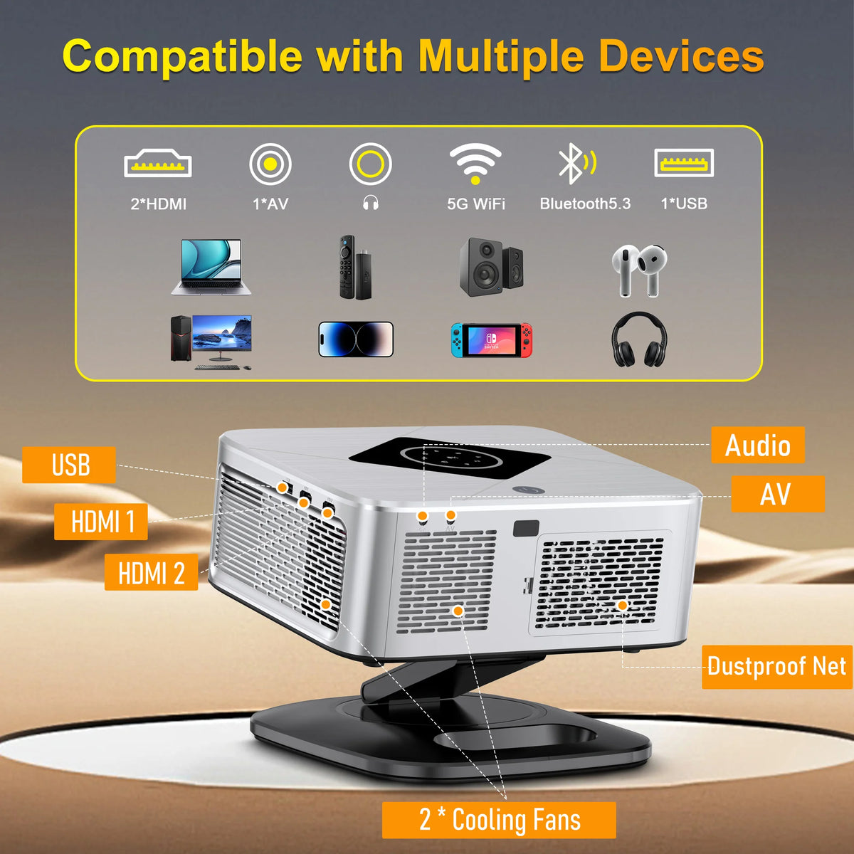 HORLAT Projector 2000Ansi Lumens Full HD 1080P 4K Video Auto Focus& Keystone Home Cinema 5G WiFi Portable TV Proyector Christmas