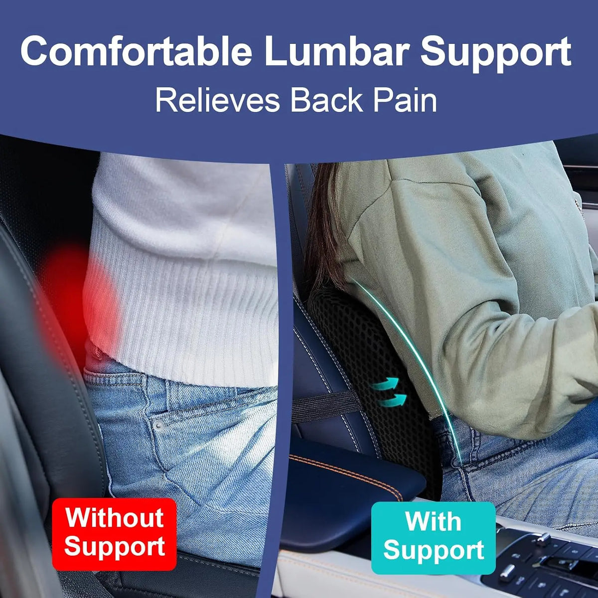 Lumbar Support Pillow for Car, Memory Foam Car Back Cushion | Car Seat Back Pillow for Driving, Adjustable Strap, Ergon