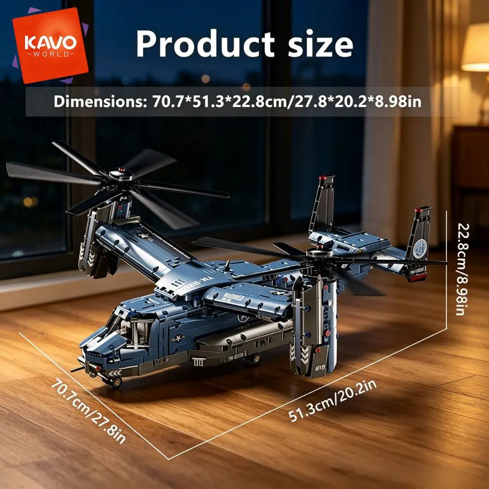KAVOWORLD 1486PCS V-22 Osprey Tiltrotor Aircraft Building Blocks Set Simulation Military Helicopter Model Kit Collectible Airplane Bricks Construction Set, 360° Rotating Propellers Sliding Cockpit Movable Landing Gear Milita