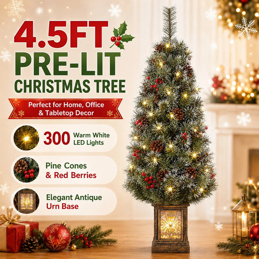 4.5ft Pre Lit Artificial Christmas Tree with 300 LED Lights 8 Modes Timer Battery Operated Realistic Spruce Xmas Decor with Antique Urn Base for Indoor Holiday Home Desk Table Decoration