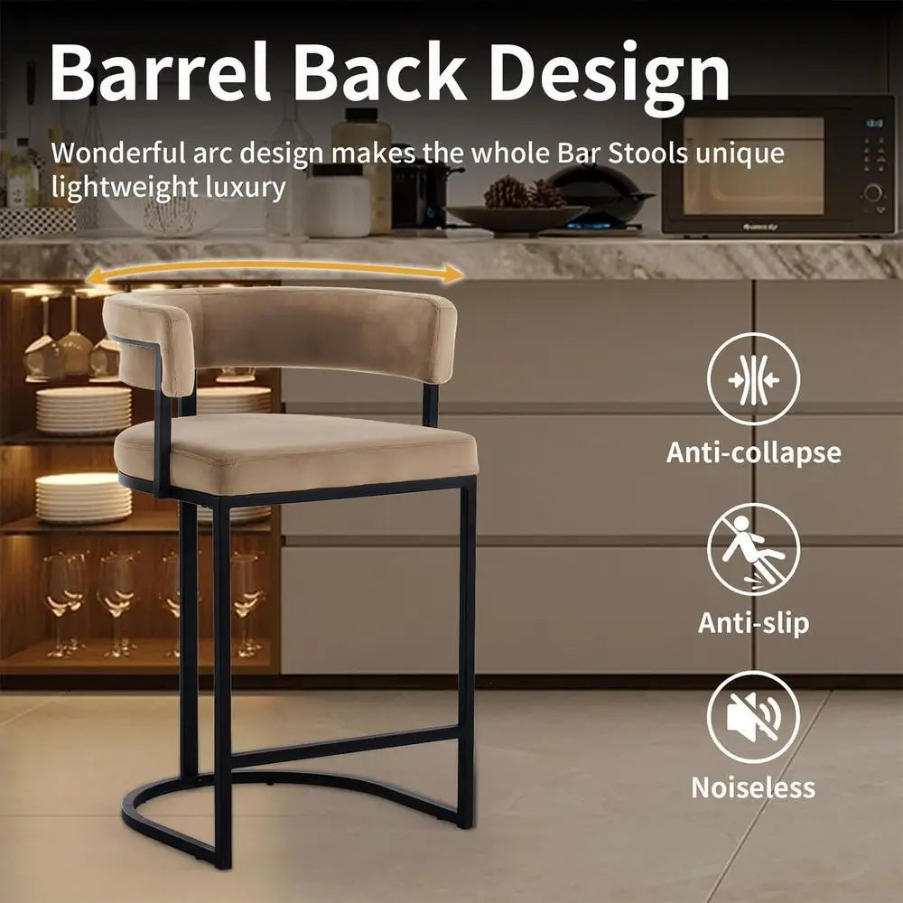 Set o 2 Brown ern Velvet Bar Stools with Barrel Backrest, Upholstered Seat, and Black Metal ootrest – 25.6-Inch Seat Height, Ide