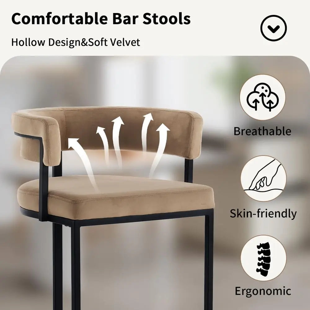 Set o 2 Brown ern Velvet Bar Stools with Barrel Backrest, Upholstered Seat, and Black Metal ootrest – 25.6-Inch Seat Height, Ide