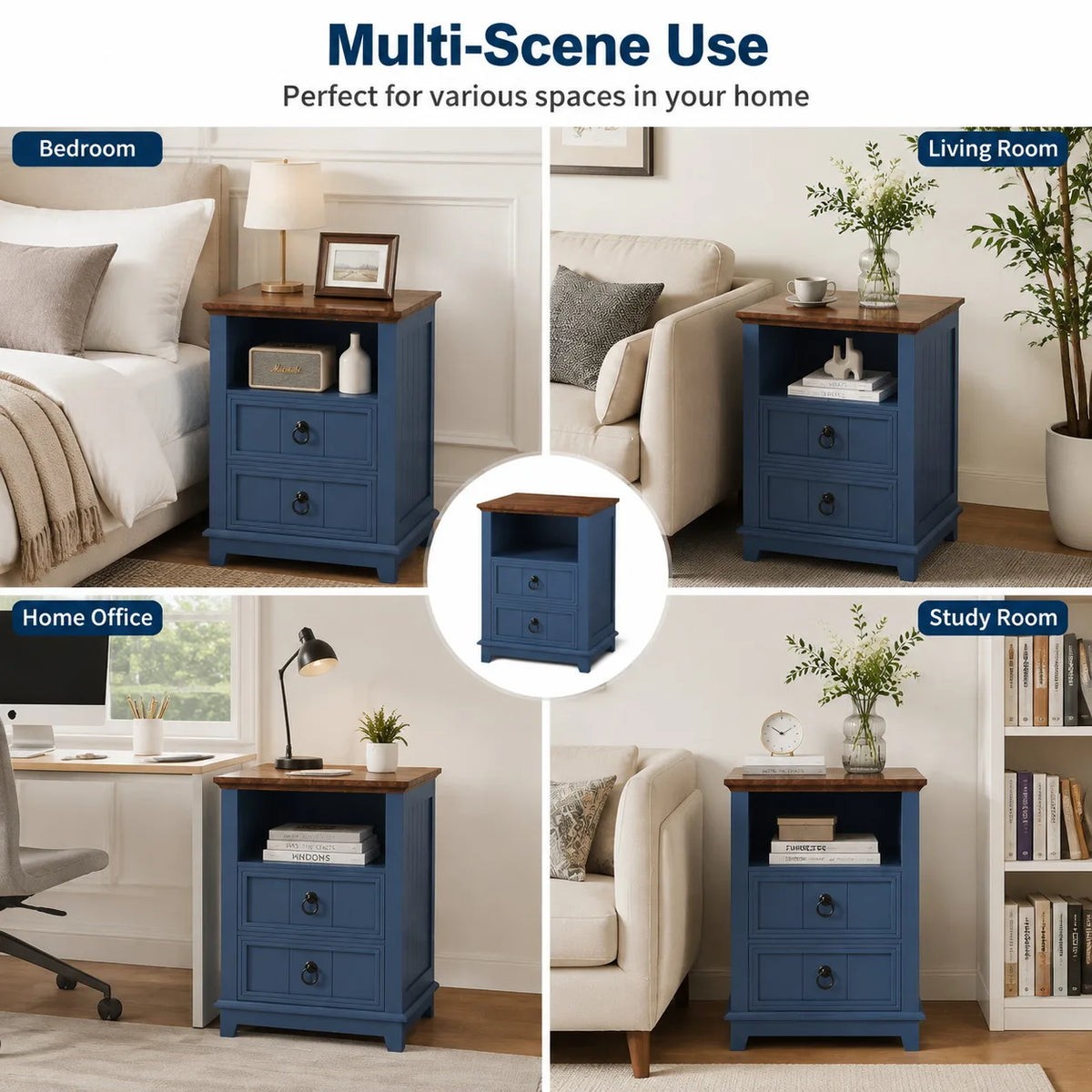 18 Inch Wood Nightstand with USB Charging Station Modern Fluted Bedside Table 2 Drawer End Table with Storage Shelf for Bedroom Living Room Home Office Apartment Dorm Blue