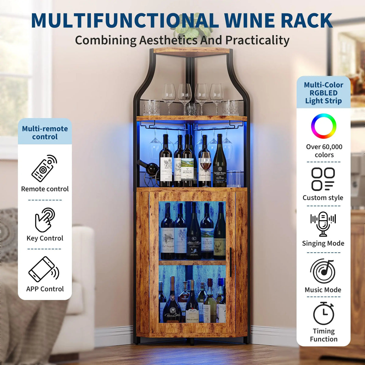 Corner Bar Wine Cabinet With LED Lights, 5-Tier Liquor Storage Cabinet With Glass Holder, Mesh Door & Adjustable Shelf For Home