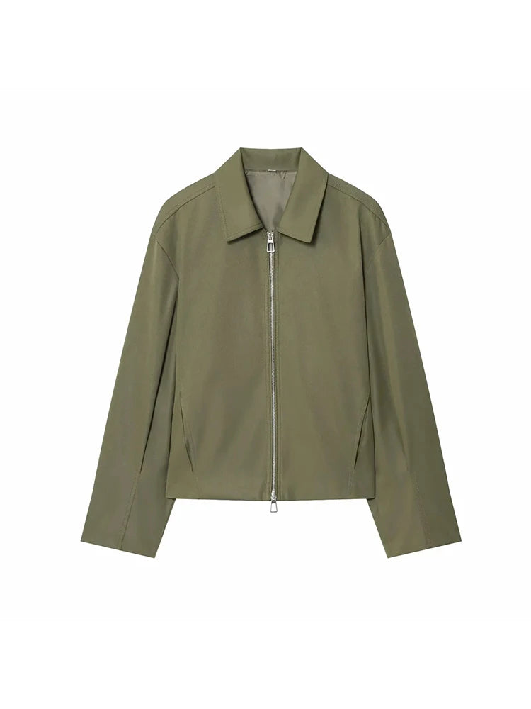Women Casual Solid Zipper Coat Women Street Lapel Pockets Long Sleeve Simple Pleated Female Outwear Fashion Bomber Jacket