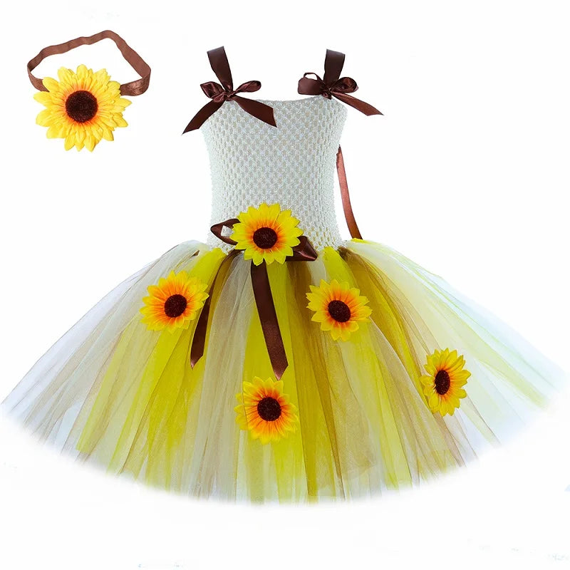 Sunflower Fairy Costume for Girls Fall Autumn Sun Flowers Tutu Dress Toddler Kids Halloween Christmas Party Tulle Princess Dress