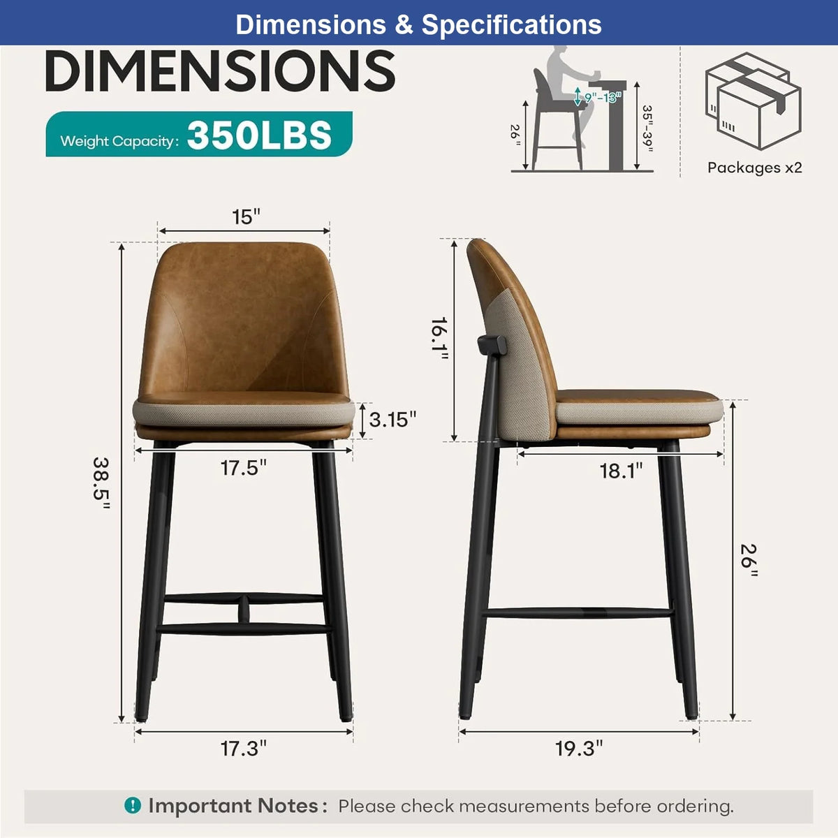 Counter Height Bar Stools Set of 4, Brown PU Leather Barstools with Back Cushion Seat for Kitchen Island Dining Room Chair