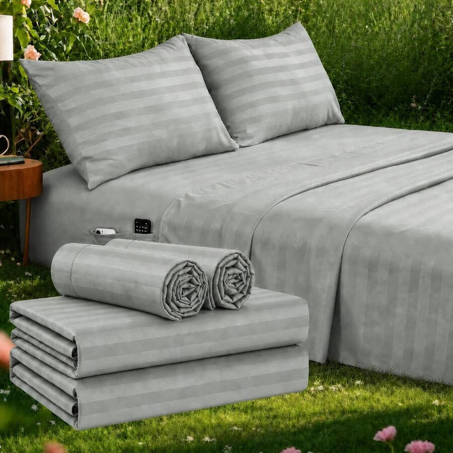Striped Cooling Sheets Set King Size - Fitted Flat Sheet & Pillowcase Sets 4 Piece - Super Soft Stripe Bed Sheet, Easy Care, Deep Pocket /sf260521111363488956160