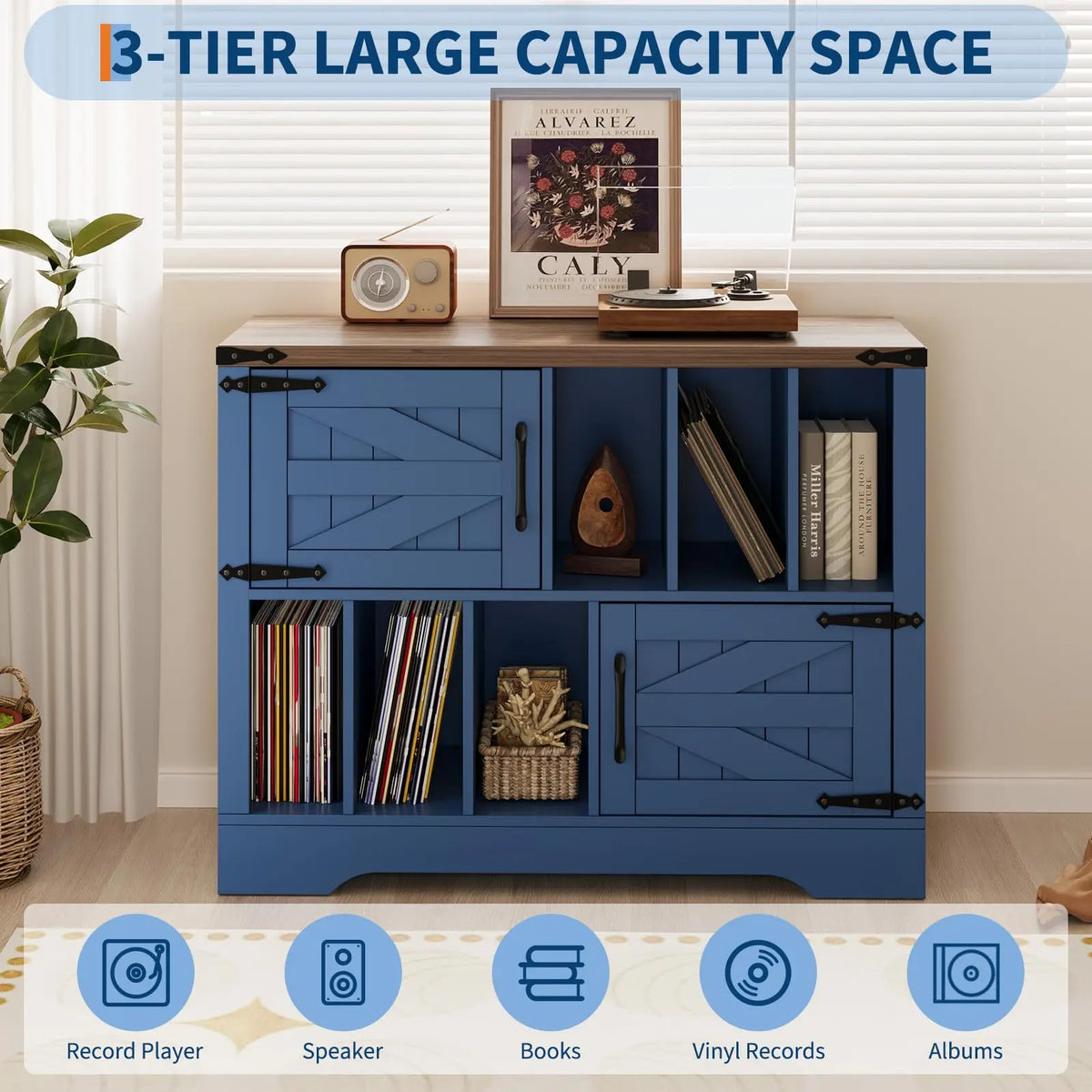 39in Farmhouse Record Player Stand With Barn Doors, Vinyl Record Storage Cabinet Holds 450 Albums, Wood Turntable Table For Living Room
