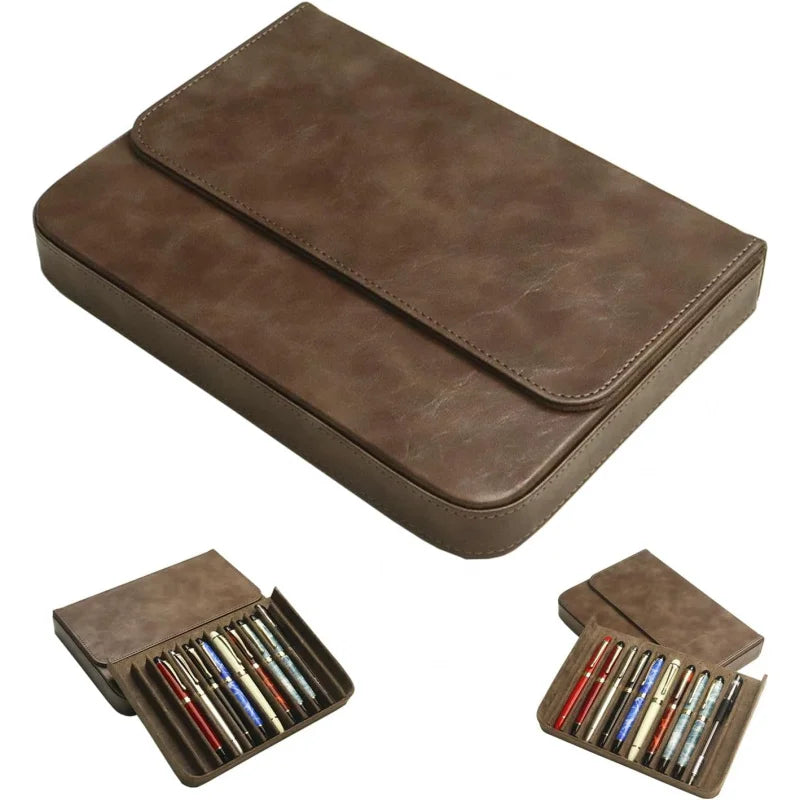PU Leather 12 Fountain Pen Case Organizer, Handmade, Magnetic Closure with Drawer, Christmas Gift for Man/Woman/Office,12 slots