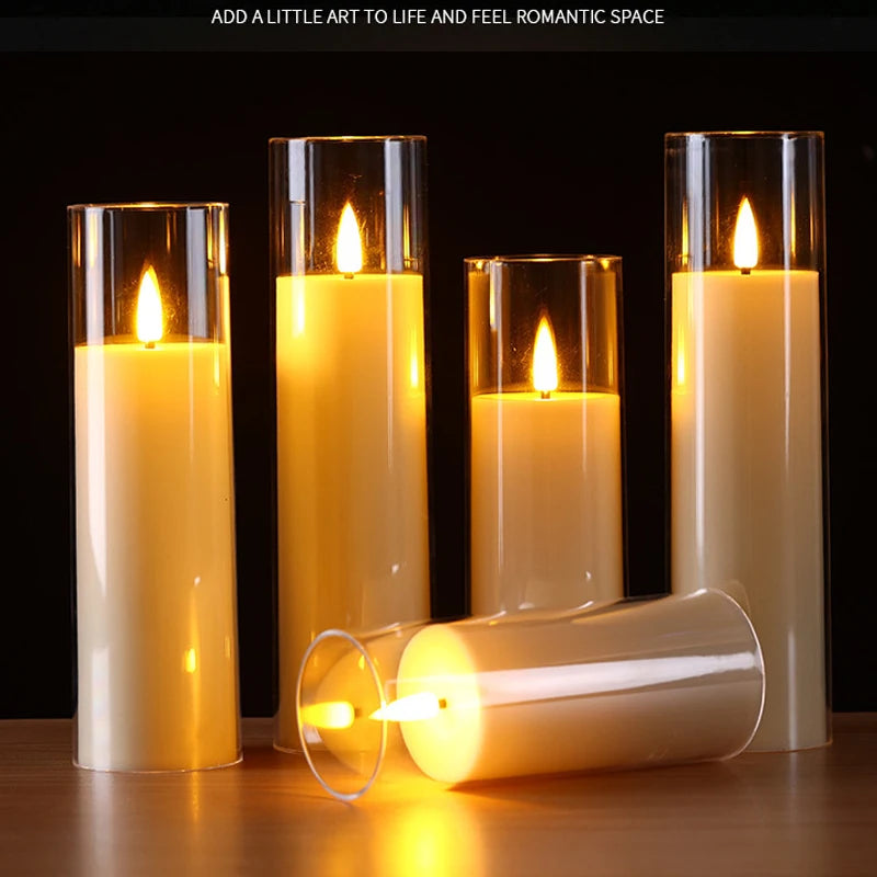 3/5x Flameless LED Candle & Remote Timer Battery Operated Acrylic Clear Pillar Wax, Portable Atmosphere Lamp for Christmas Déc