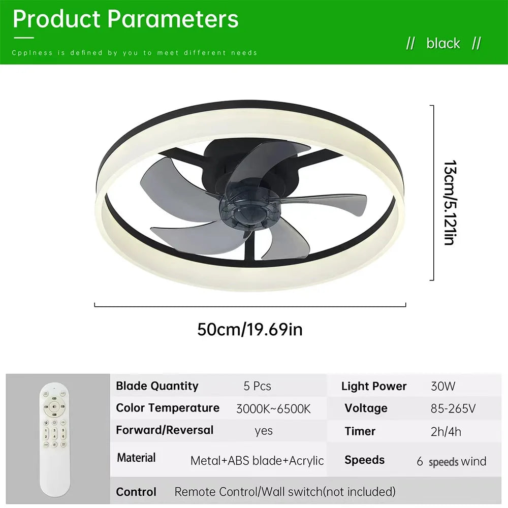 19.7-inch Ceiling Fan With Light, Slim Design, Semi-embedded, 6-speed Adjustable Wind, 3-color Dimmable, Remote Control Included, Suitable For Kitchen, Living Room, Dining Room, And Bedroom