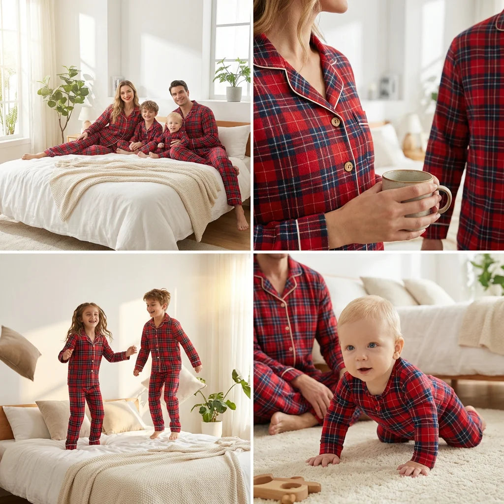 Family Matching Christmas Plaid Pajamas Set 100% Cotton Adults Kids Turn-down Collar Button Shirt+Trousers 2Pcs Xmas Sleepwear