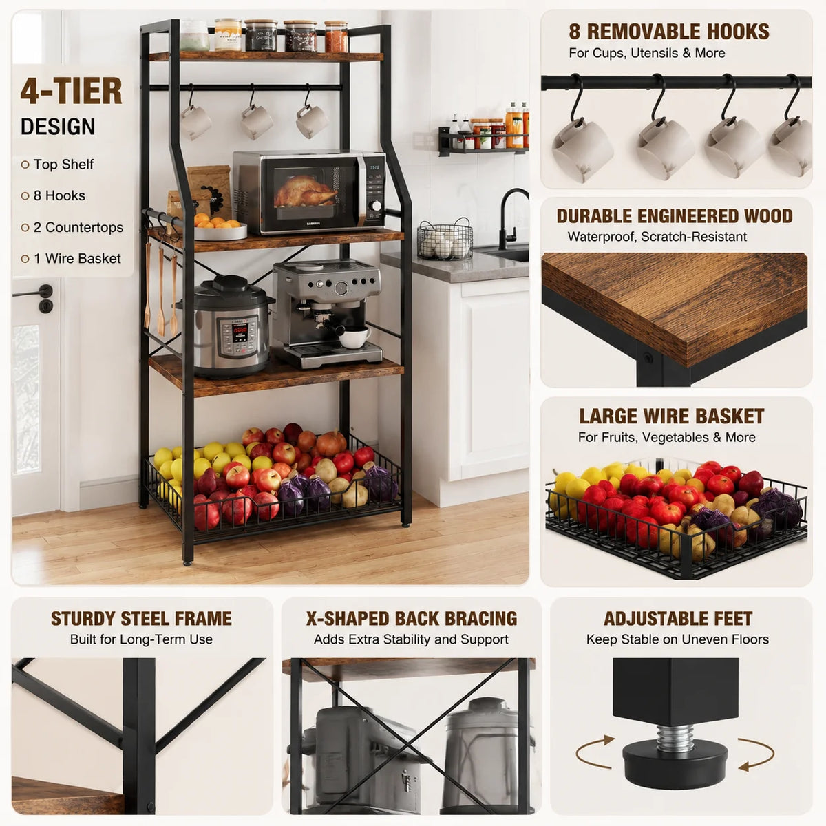 4 Tier Kitchen Bakers Rack with Microwave Stand Coffee Bar Station Freestanding Storage Shelf with Wire Basket 8 Hooks Industrial Style Organizer for Kitchen Pantry Dining Room