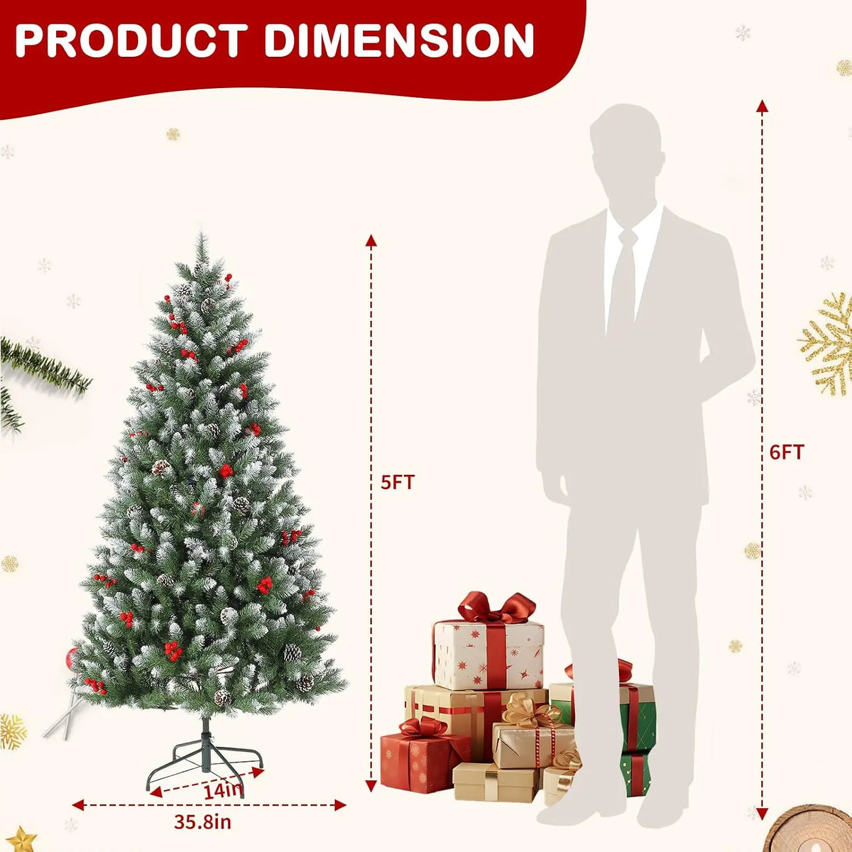 5FT Snow-Flocked Artificial Christmas Tree with Berries – 850 PE/PVC Branch Tips, Easy Assembly Hinged Design, Holiday Decor for Home