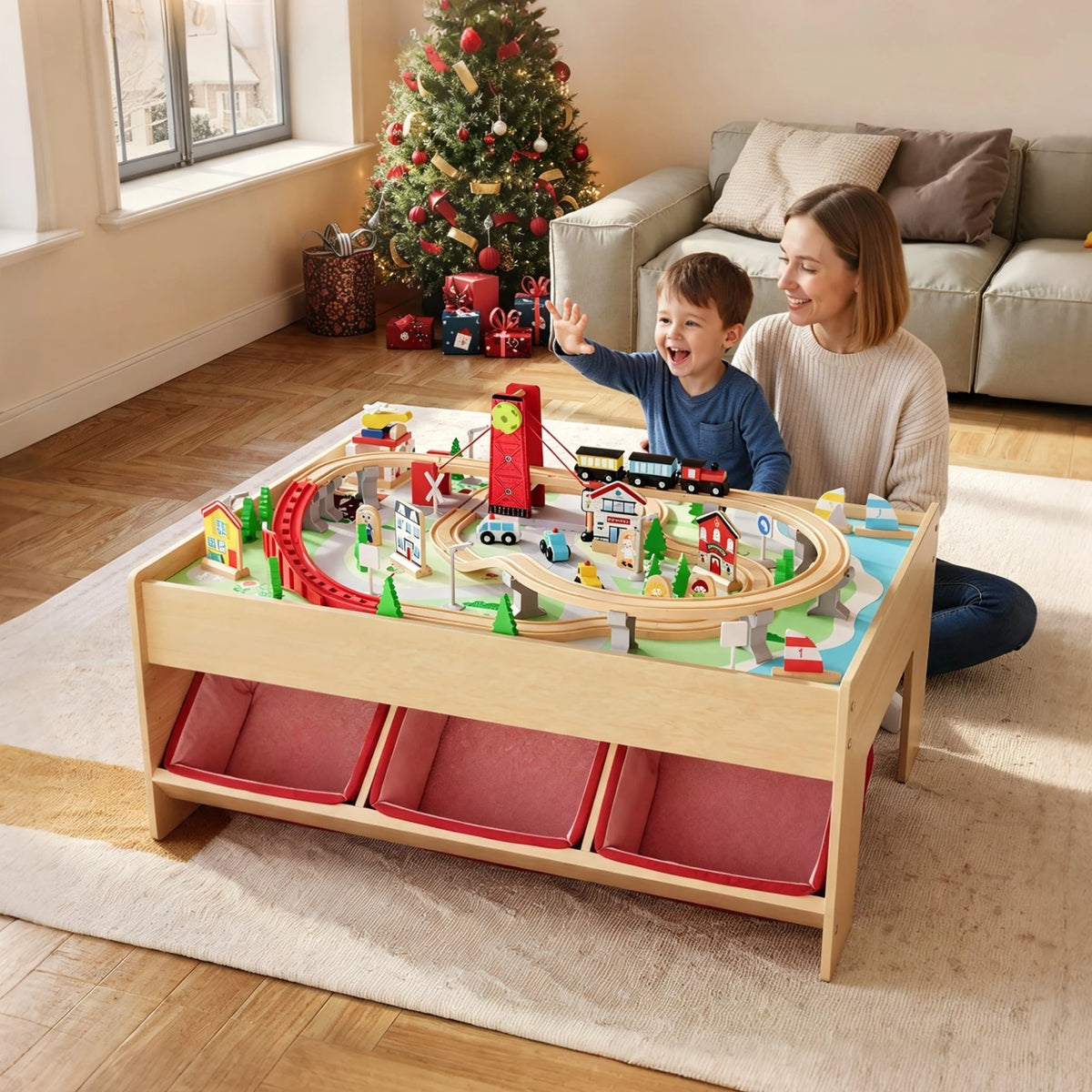92PCS Wooden Train Table Set For Kids Ages 3+, Toddler Railway Playset With Trains, Tracks, Trees & Under Table Storage Bin