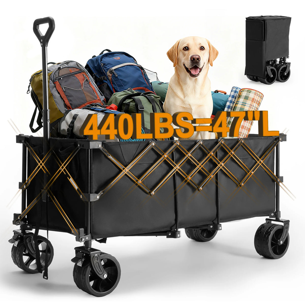 JHK Portable Extended Collapsible Wagon Cart 440lbs Foldable Extra Long Heavy Duty Utility Wagon with Wheels Storage Grocery Cart for Camping Shopping Sports Beach Garden