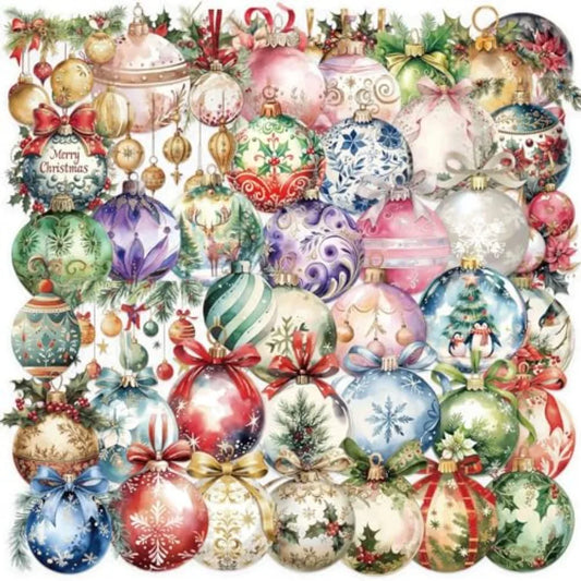 50Pcs Transparent Christmas Ball Stickers for PET Holiday Decor, Clear Vinyl, Vintage Colorful Design, Ideal for Journaling, Sc