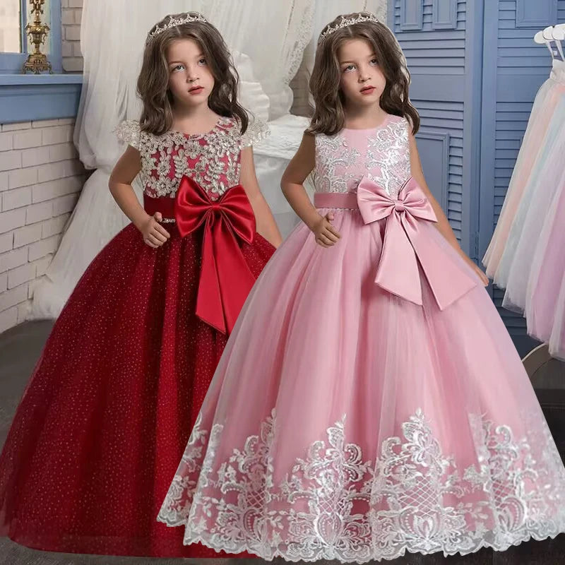 New Christmas Party Princess Long Dress Children's Gauze Lace Birthday Party Dinner Ball Big Butterfly Dress