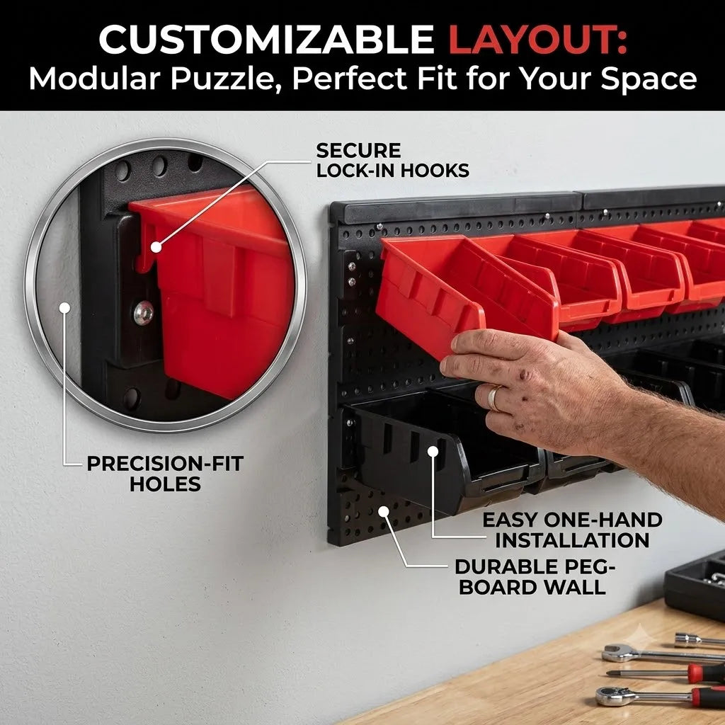 30pcs-Bin Wall Mounted Storage Bins Parts Rack Organizer Garage Shop Tool Organizer for Screws, Nuts, Bolts, Nails, Beads, and Small Hardware Parts, With Wall Panels