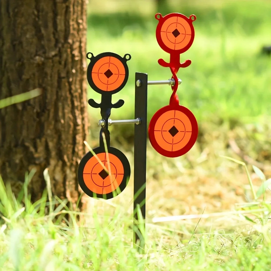 Iron Ground Insertion Double-Sided Rotating Target with Dual 360 Degree Rotating Heads, Used for Slingshot, Air Gun Practice Shooting, Outdoor Entertainment